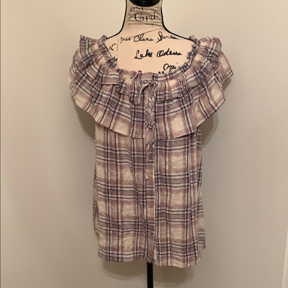 Easel Plaid Off-Shoulder Women's Top (Tan & Blue)